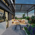 Modern Terrace Garden With Glass Canopy Outdoor Furniture Plants And Lighting