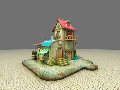 Cartoon Scenery Cute House With Red Roof Green Awning Small Balcony Front Steps Brick Ground 3d model