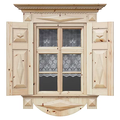 Wooden Casement Window With Carved Side Panels And Decorative Lace Curtains 3d model