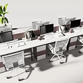 Modern Office Desk Setup With Multiple Computers White Chairs And Green Plants 3d model