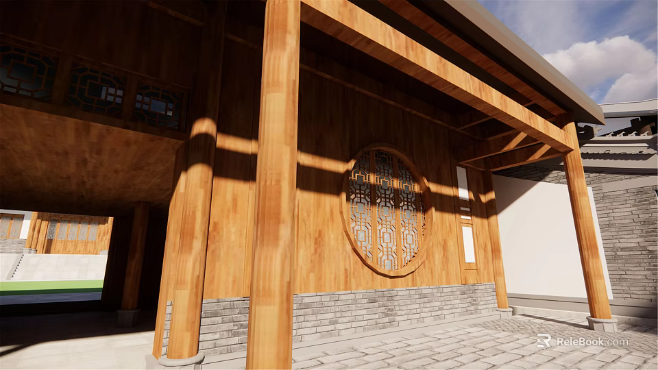 Traditional Commercial Street With Wooden Structure Circular Carved Window And Stone Slab Ground 3d model 