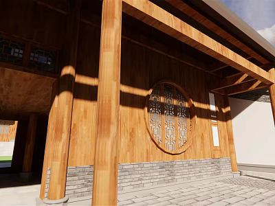 Traditional Commercial Street With Wooden Structure Circular Carved Window And Stone Slab Ground 3d model