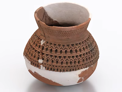 Traditional Handcrafted Ceramic Vessel with Decorative Zigzag Patterns and Brown White Color 3d model