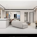 Modern Living Dining Room Interior With Large Windows City View Beige Sofa And Rug