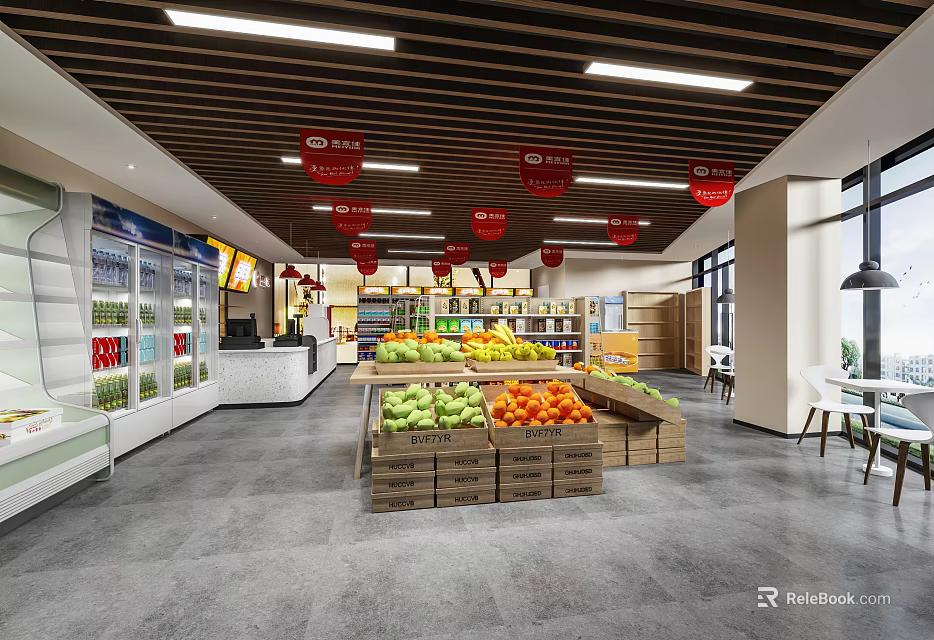 Supermarket Interior Featuring Fresh Fruit Displays Shelves Refrigerated Cases And Bright Lighting 3d model 