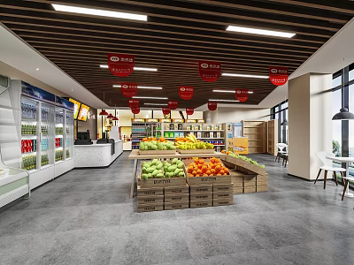 Supermarket Interior Featuring Fresh Fruit Displays Shelves Refrigerated Cases And Bright Lighting 3d model
