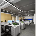 Modern Public Office Space With Workstations Computers Green Plants And Linear Lights 3d model
