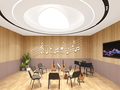 Music Practice Room With Circular Ceiling Light Wooden Walls Music Note Decorations Guitars And Chairs 3d model
