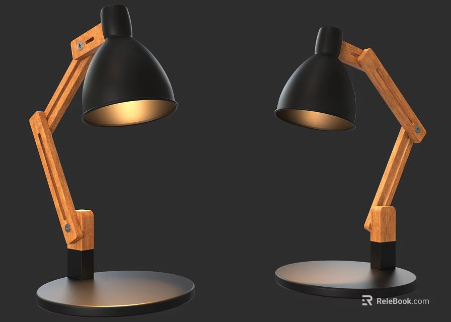 Modern Illuminated Table Lamps With Wooden Arms And Black Shades Bases 3d model 