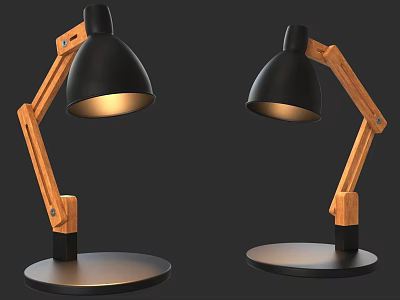 Modern Illuminated Table Lamps With Wooden Arms And Black Shades Bases 3d model