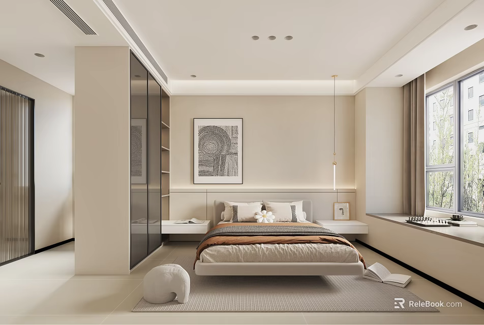 Modern Minimalist Bedroom Interior With Platform Bed Built in Wardrobe And Large Window 3d model