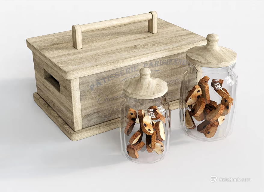 Wooden Storage Box With Handle And Glass Jars Storing Homemade Cookies 3d model 
