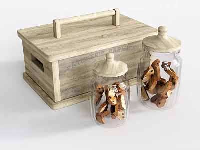 Wooden Storage Box With Handle And Glass Jars Storing Homemade Cookies 3d model