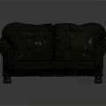 Dark Leather Two Seater Sofa With Vintage Armrests And Wooden Base