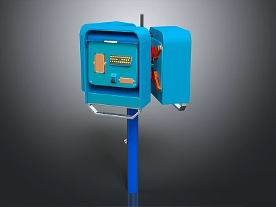 Blue Outdoor Control Unit With Secure Door And Metal Mounting Pole 3d model