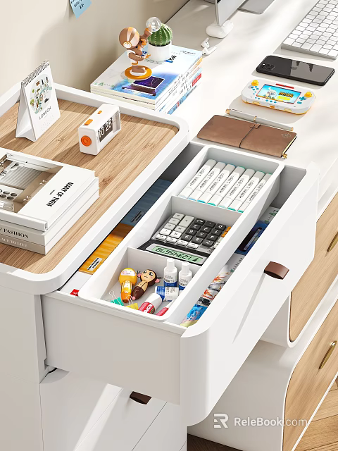 White Console Cabinet With Organized Drawer For Stationery Calculator And Small Items 3d model 