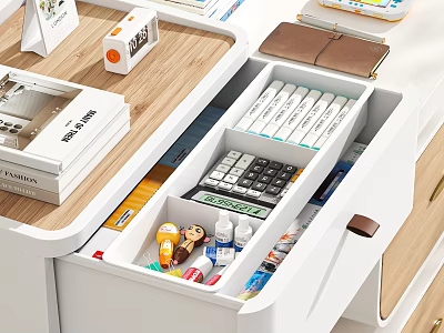 White Console Cabinet With Organized Drawer For Stationery Calculator And Small Items 3d model