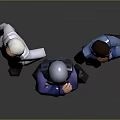 Three Diverse Game Movie Characters Animated Designs With White Coat Blue Uniform Helmet Different Poses