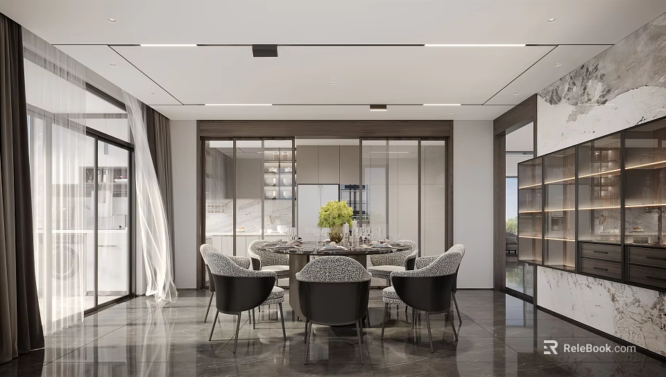 Elegant Modern Restaurant Interior With Round Dining Table Green Plants And Chairs 3d model