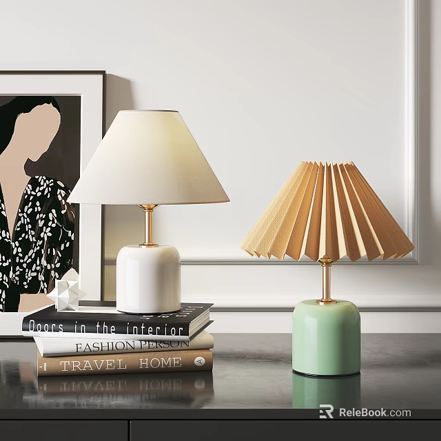 Modern Home Decor Table Lamps With White Pleated Shades Gold Green Bases On Books 3d model 