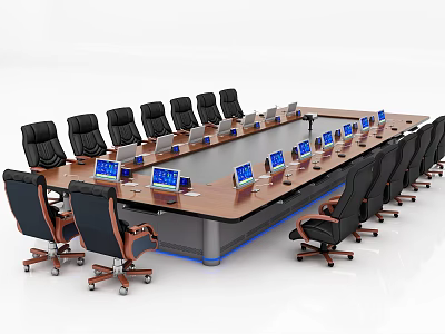 Wooden Conference Table With Multiple Electronic Screens And Black Office Chairs In Modern Meeting Room 3d model