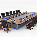 Wooden Conference Table With Multiple Electronic Screens And Black Office Chairs In Modern Meeting Room