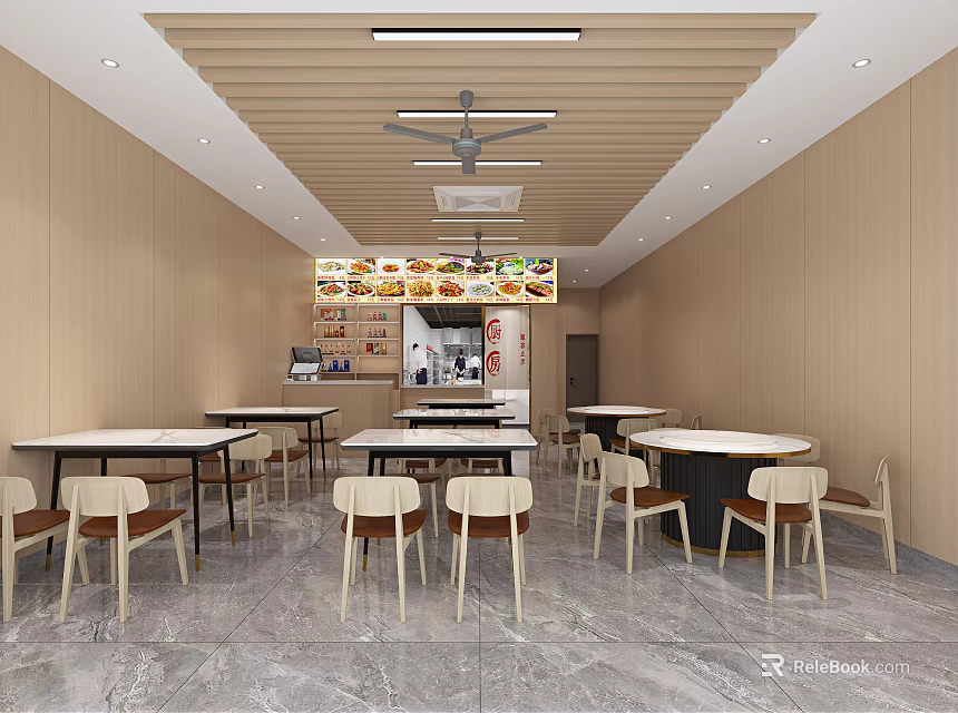Modern Restaurant Kitchen Dining Area With Light Walls Wooden Ceiling And Marble Floor 3d model 