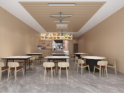 Modern Restaurant Kitchen Dining Area With Light Walls Wooden Ceiling And Marble Floor 3d model