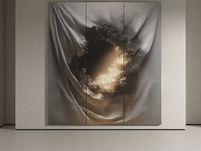 Modern Art Painting With Gray Fabric Texture Black Circle And Golden Light Wall Decor 3d model