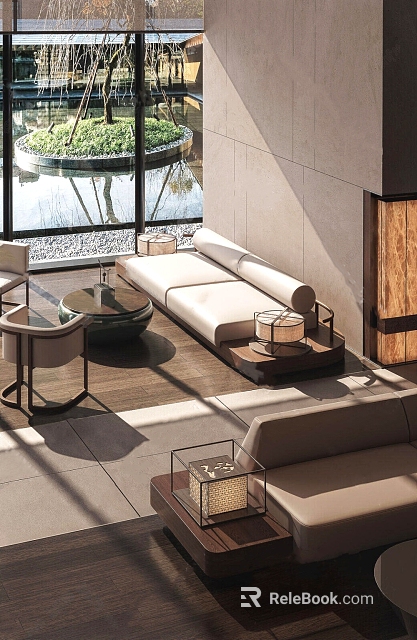 Modern Sales Office Interior Design With Large Windows White Sofa Wooden Elements Lighting And Natural Views 3d model 