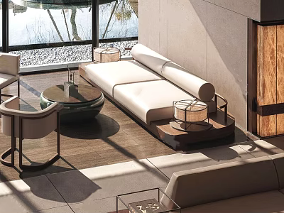 Modern Sales Office Interior Design With Large Windows White Sofa Wooden Elements Lighting And Natural Views 3d model