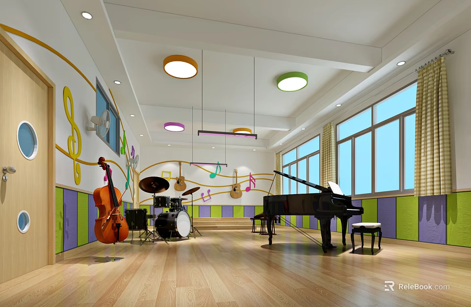 Kindergarten Music Classroom with Piano Drum Set Cello Colorful Music Notes Bright Windows Wooden Floor 3d model 