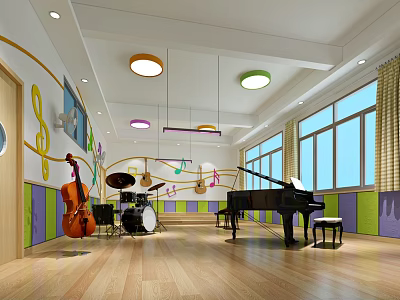 Kindergarten Music Classroom with Piano Drum Set Cello Colorful Music Notes Bright Windows Wooden Floor 3d model