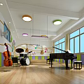 Kindergarten Music Classroom with Piano Drum Set Cello Colorful Music Notes Bright Windows Wooden Floor
