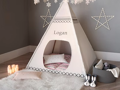 Cozy Kids Teepee with Logan Name Star Decorations on Furry Rug and Bunny Toys 3d model