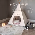 Cozy Kids Teepee with Logan Name Star Decorations on Furry Rug and Bunny Toys
