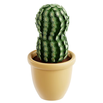 Green Potted Cactus Plant With Spiky Texture In Yellow Clay Pot 3d model