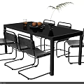 Modern Dining Table Set With Black Tabletop Six Chairs Fruits Glass And Plant