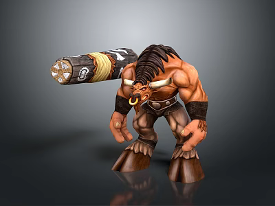 Fierce Muscular Minotaur Mythical Warrior Holding Wooden Club With Horns 3d model