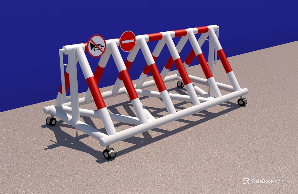 Red And White Striped Road Barriers With Wheels And Prohibition Signs 3d model 