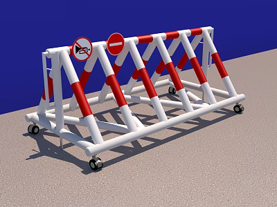 Red And White Striped Road Barriers With Wheels And Prohibition Signs 3d model