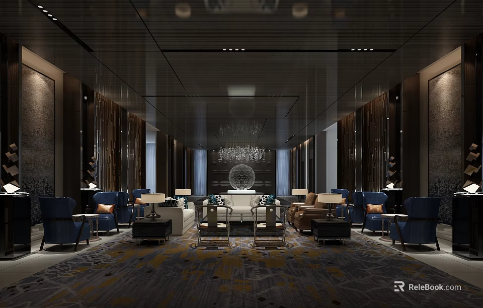 Modern Luxury Hotel Public Lounge With Dark Tones Chandelier Sofas Carpet And Decorative Art 3d model 