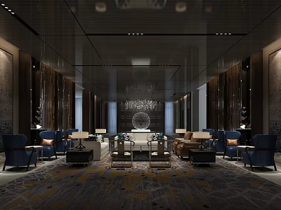 Modern Luxury Hotel Public Lounge With Dark Tones Chandelier Sofas Carpet And Decorative Art 3d model