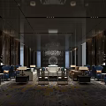 Modern Luxury Hotel Public Lounge With Dark Tones Chandelier Sofas Carpet And Decorative Art