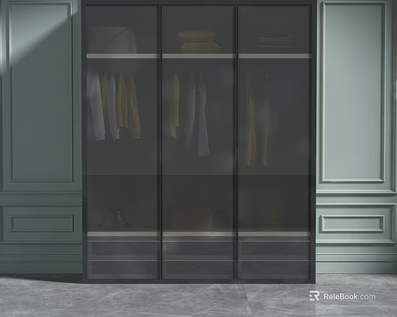 Elegant Modern Wardrobe With Dark Glass Doors Hanging Clothes And Bottom Drawers 3d model 