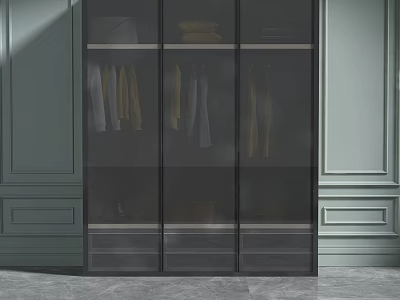 Elegant Modern Wardrobe With Dark Glass Doors Hanging Clothes And Bottom Drawers 3d model