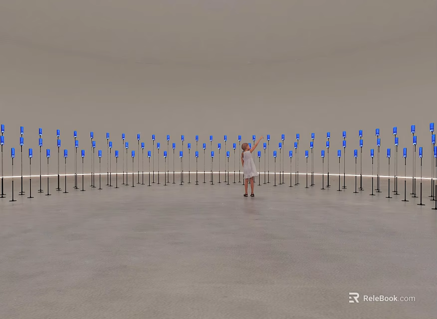 Art Installation With Blue Poles And Central Figure In Circular Space 3d model 