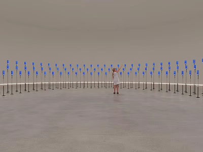 Art Installation With Blue Poles And Central Figure In Circular Space 3d model