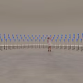 Art Installation With Blue Poles And Central Figure In Circular Space