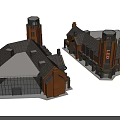 Traditional Commercial Complex Architectural Design With Red Brick Exterior Sloped Roofs And Towers
